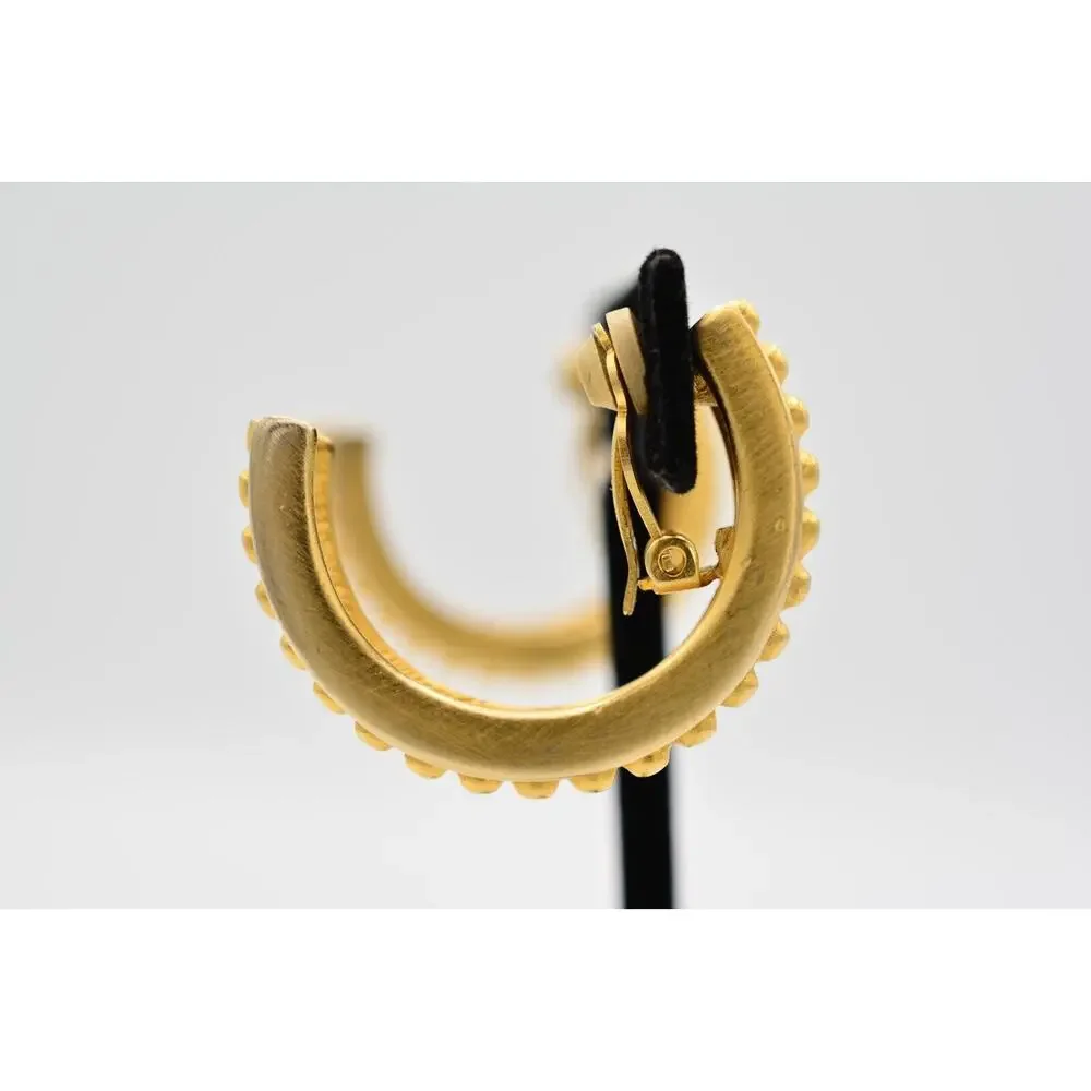 Givenchy Vintage Clip On Hoop Earrings Brushed Gold Heavy Chunky Signed 1980s 9I